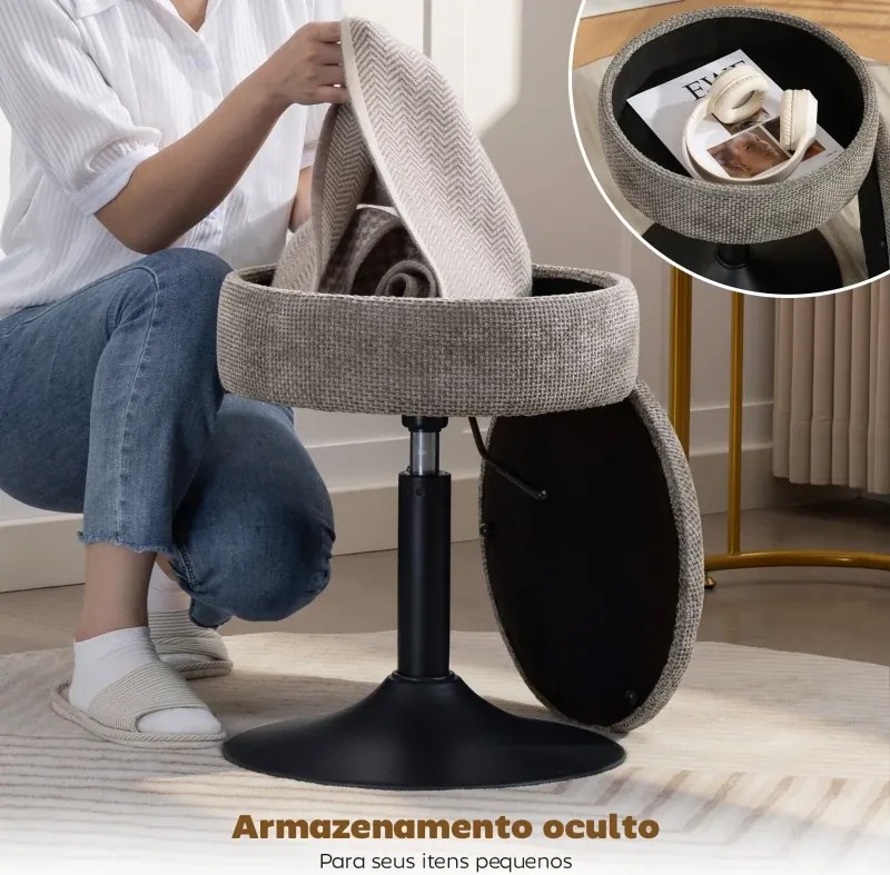 Banco de Bar com Armazenamento Altura Ajustável Giratório Estofado em Chenilla 39x39x49-65 cm Cinzento