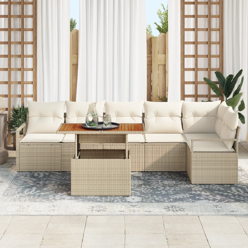 Conjunto de Sofá de Jardim com Almofadas vidaXL 7 Peças Bege Rattan Po