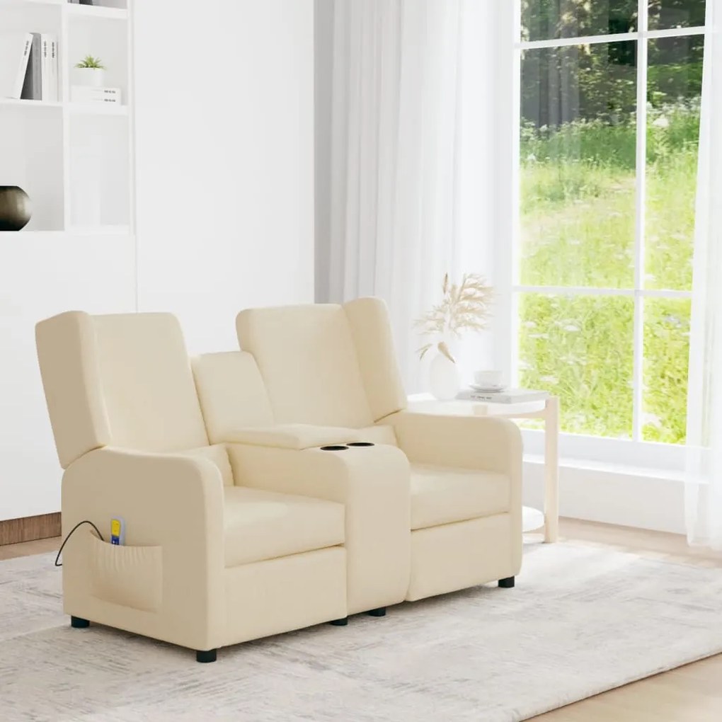 vidaXL Sofá massagens reclinável 2 lug. c/ suporte copos cor creme