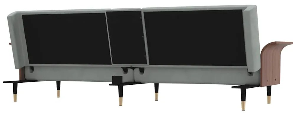 Sofá-cama com suportes para copos veludo cinzento-claro
