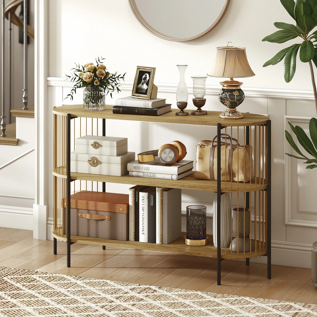 Mesa Consola com Corda de Papel Trançada à Mão Consola de Entrada de 3 Níveis com Estrutura de Aço Estilo Boémio 124x43,5x80 cm Madeira