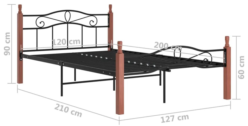 Estrutura de cama 120x200cm metal/madeira carvalho maciça preto