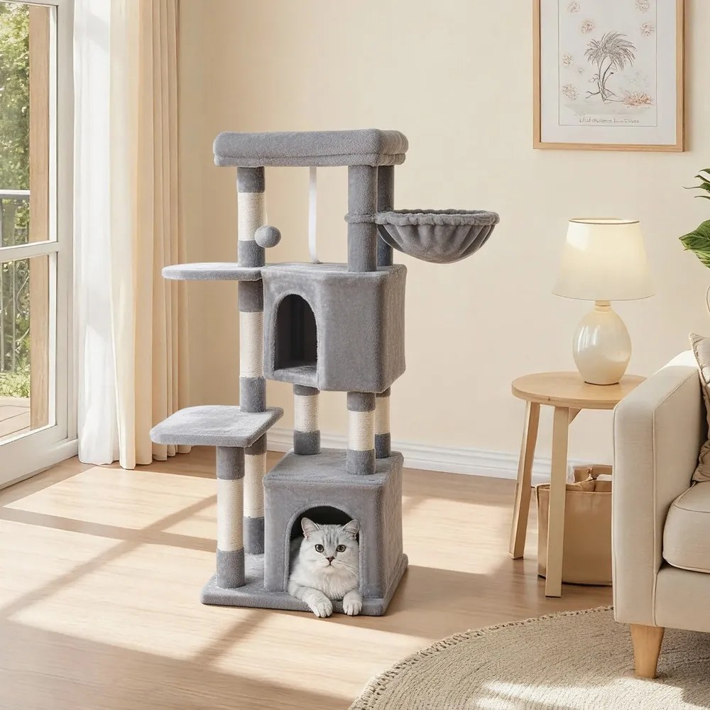 Arranhador para gatos 49 x 45 x 120 cm com plataforma grande cinzento claro