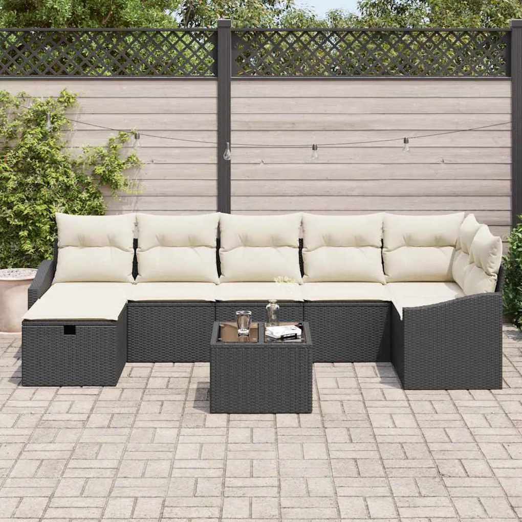 Conjunto de Sofá de Jardim de 8 Peças com Almofadas Preto Rattan Polié