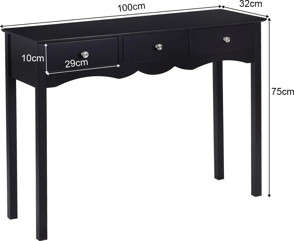 Secretária com 3 Gavetas, 100 x 32 x 75 cm, Multifuncional em MDF, Preto