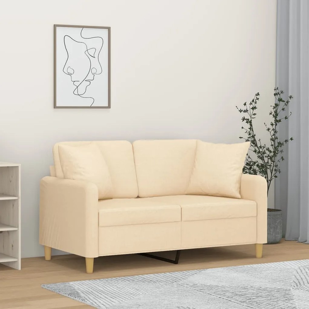 vidaXL Sofá 2 lugares c/ almofadas e almofadões 120cm tecido cor creme