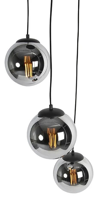 Candeeiro suspenso Art Deco preto vidro fumê 3-luzes - PALLON Art Deco