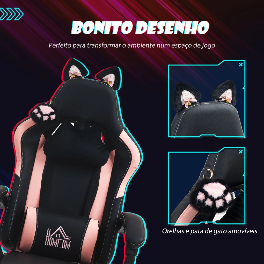 Cadeira Gaming com Orelhas Cadeira Gamer Reclinável com Altura Ajustável e Suporte Lombar 65x62x116-124 cm Preto e Rosa