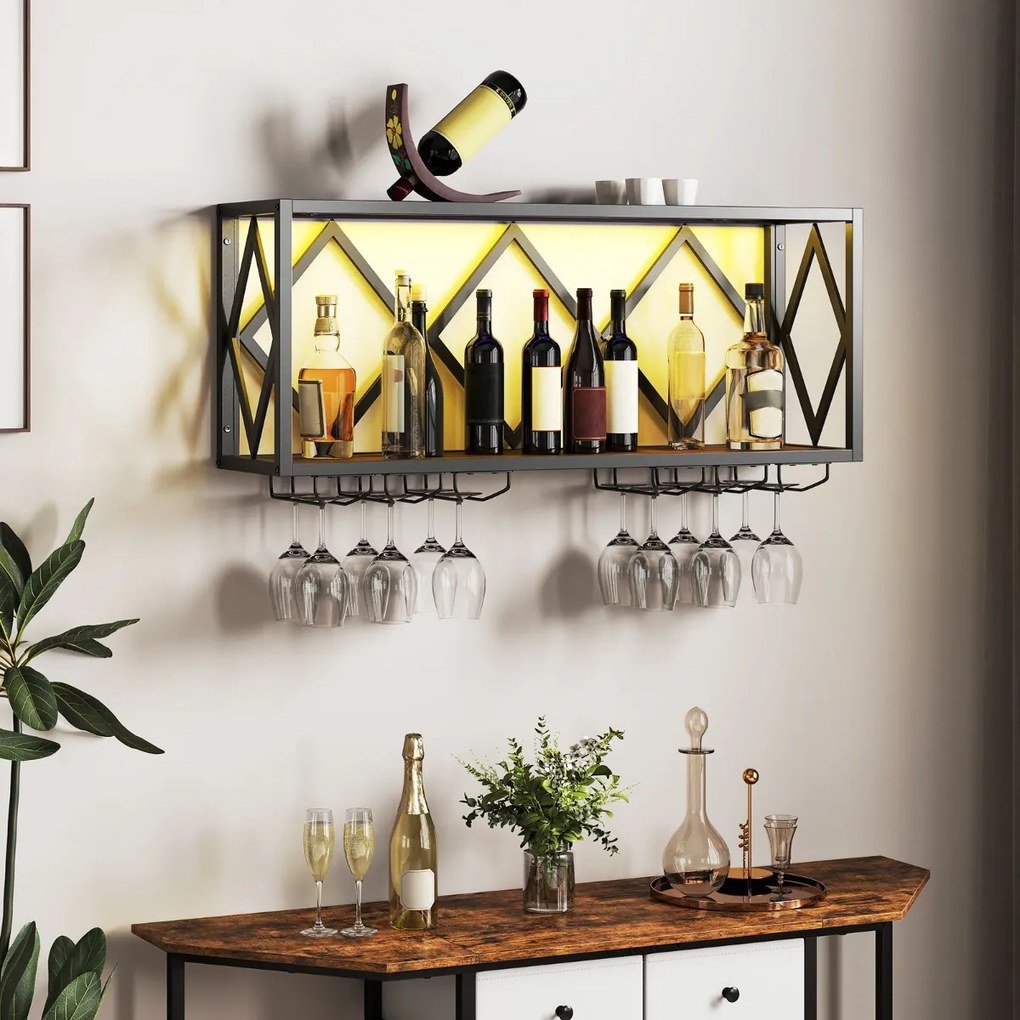 Garrafeira parede para vinho com luzes LED e 6 suportes para copos Capacidade para 39 garrafas e 12 copos para casa Bar 51 x 26,5 x 60 cm Castanho + P