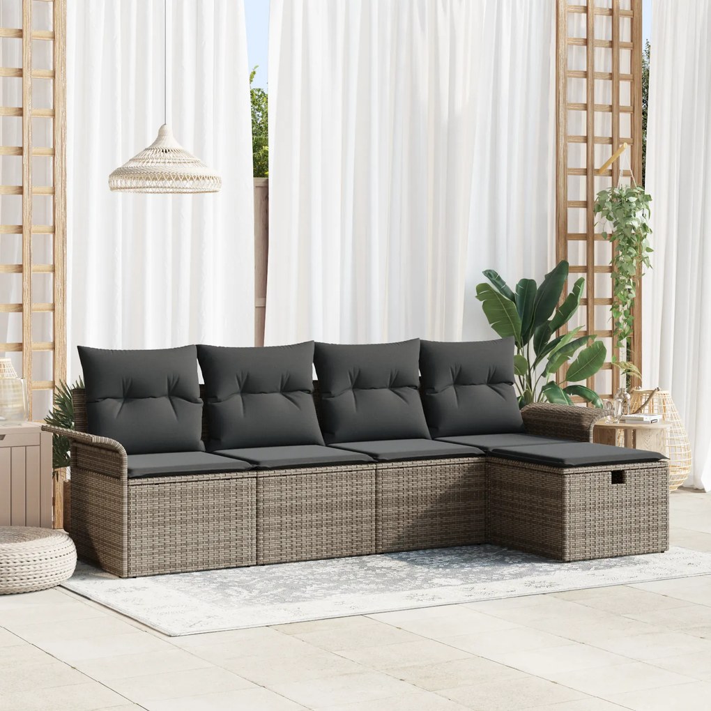 Conjunto de Sofá de Jardim de 5 Peças com Almofadas Cinza Rattan Polié
