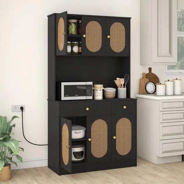 Armário Despensa Cozinha 100 x 40 x 180 cm com Estação de Carregamento 6 Portas de Rattan 2 Gavetas 4 Prateleiras Ajustáveis Móvel Boho Preto