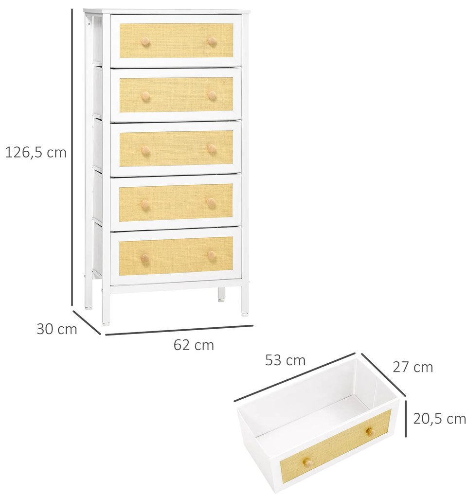 Cómoda Estilo Bohemio com 5 Gavetas de Tecido Dobráveis Superfície de Vime PE e Estrutura de Aço 62x30x126,5 cm Branco