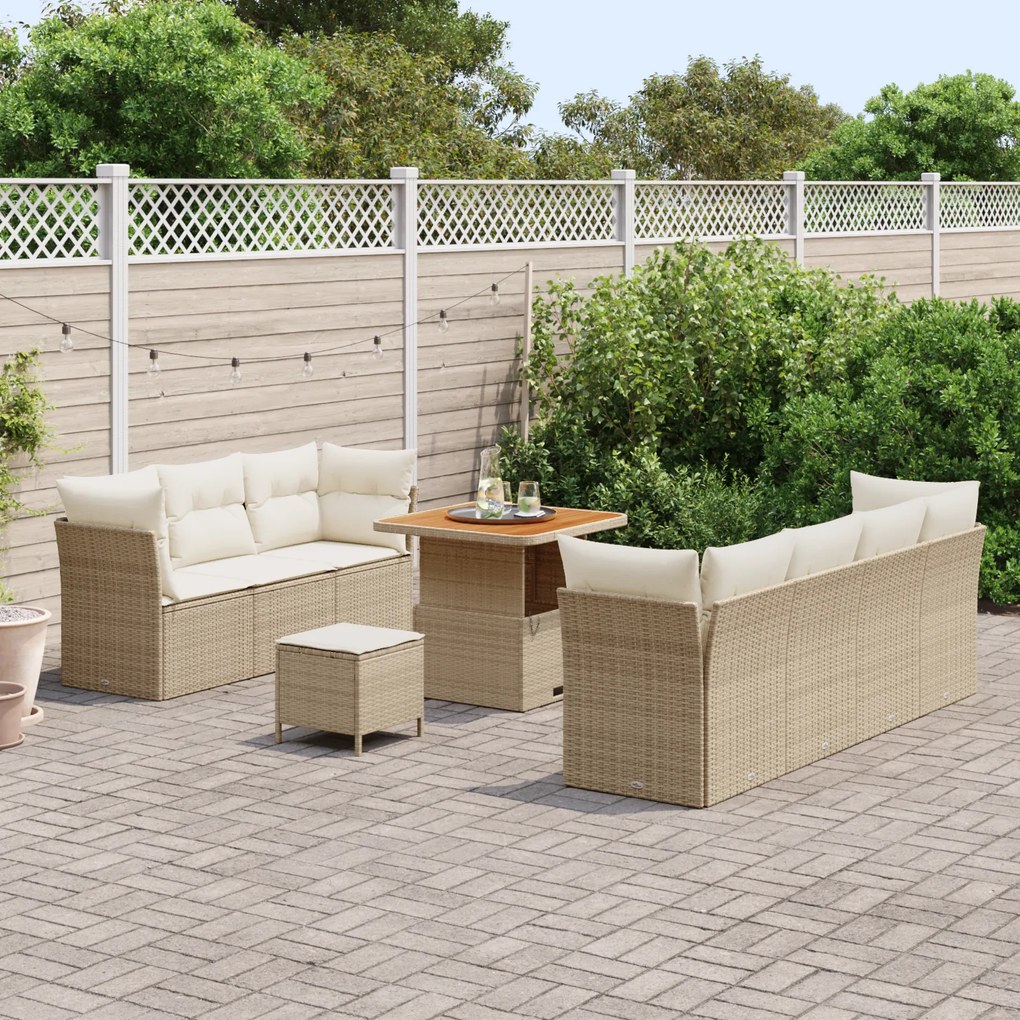 Conjunto de Sofá de Jardim com Almofadas de 10 Peças Bege Rattan Polié