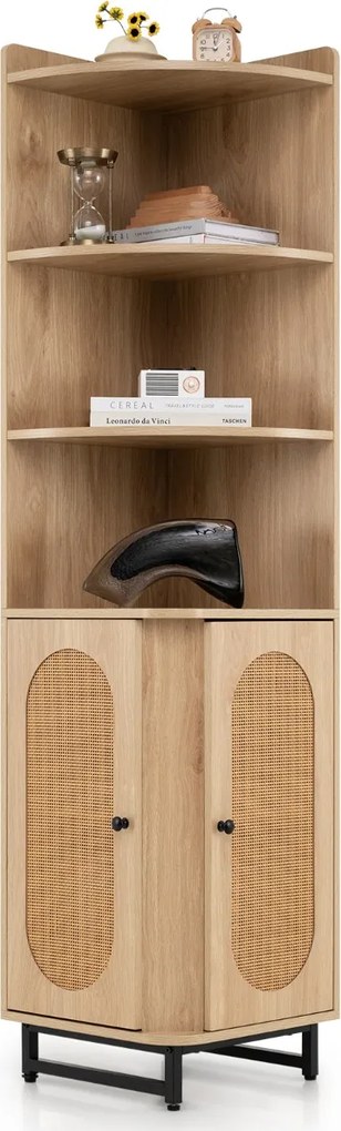 Armário de canto Rattan 172 CM Estante alta com 2 portas 4 prateleiras abertas Pernas ajustáveis Poupança de espaço Pernas ajustáveis Natural
