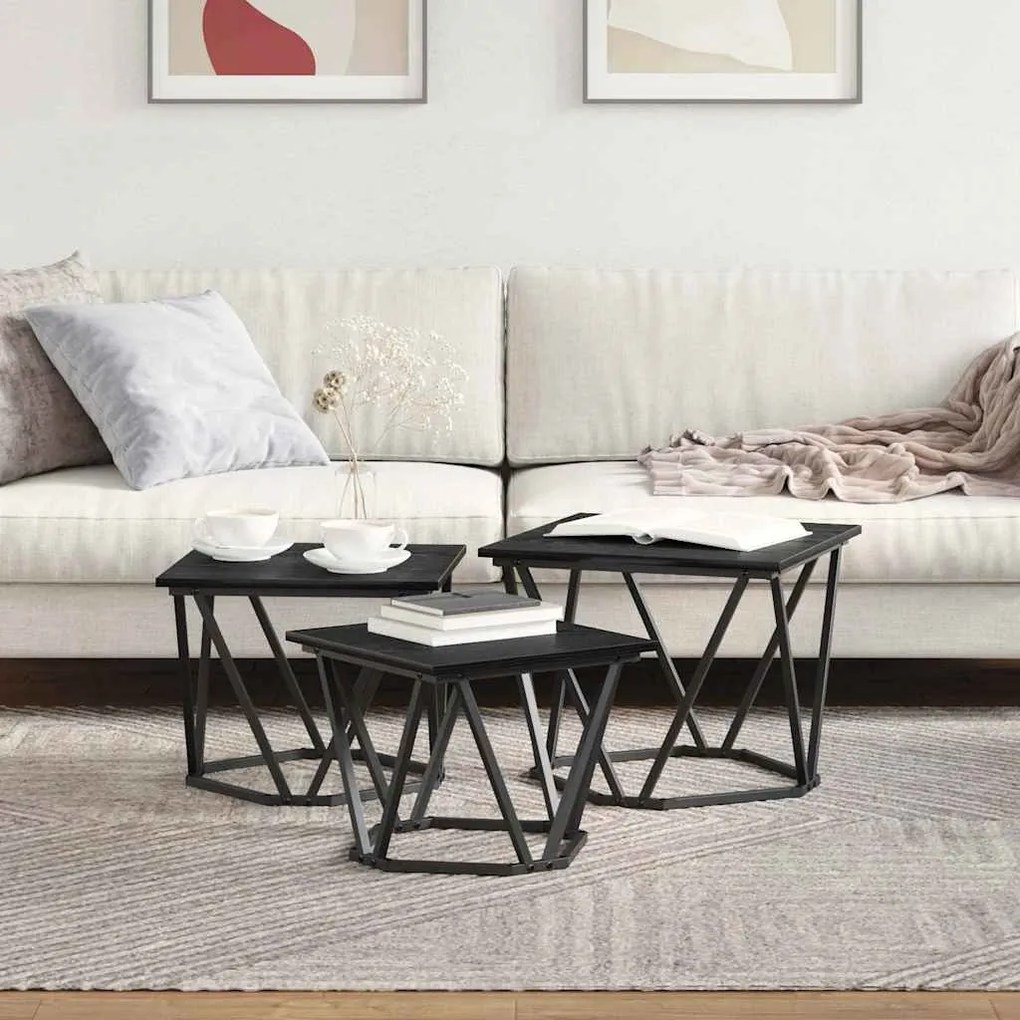 Mesas de Lado vidaXL 3 pcs Preto Carvalho de Madeira Engineered