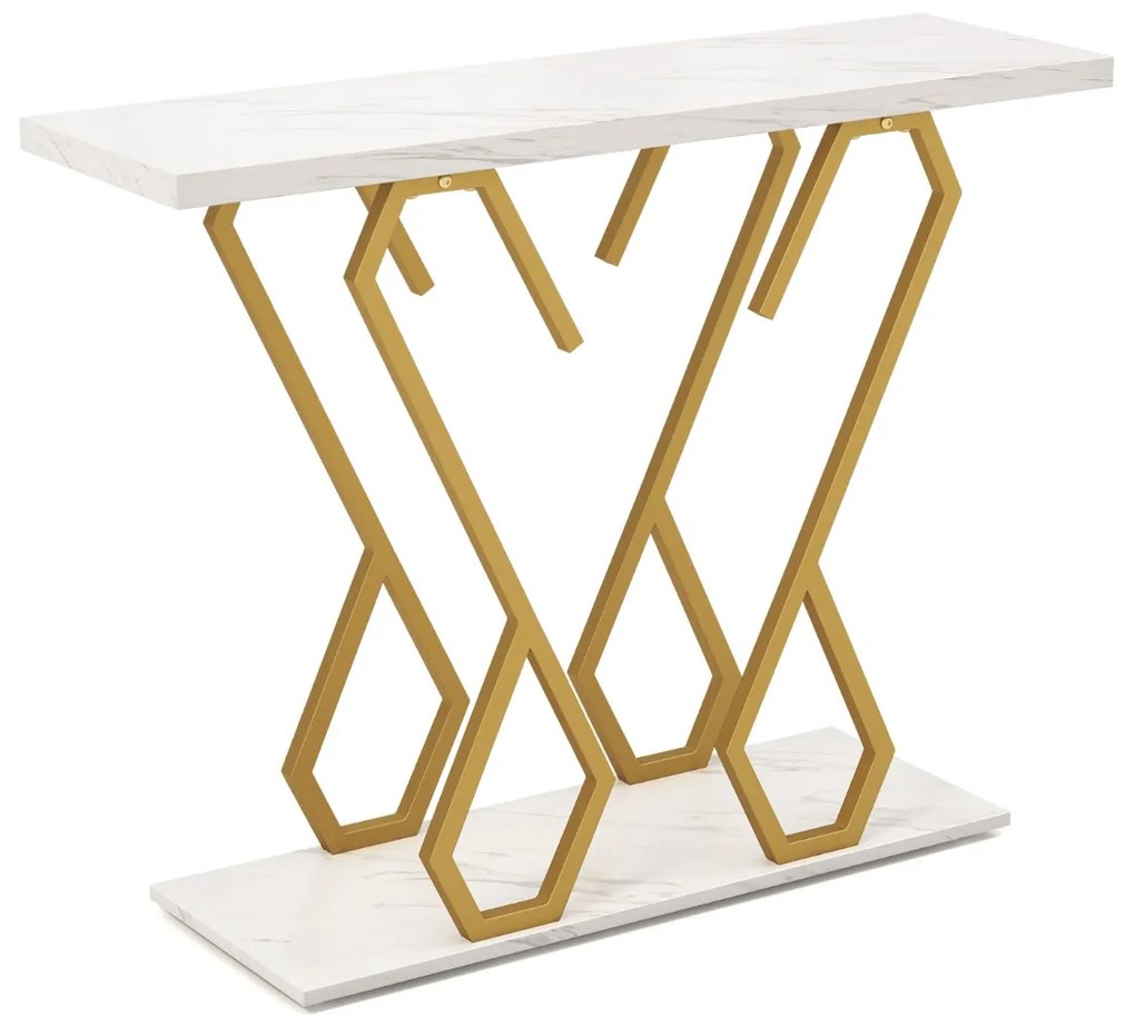 Mesa Consola de entrada em mármore artificial Mesa de consola moderna com tampo em mármore e estrutura metálica para sofá 100 x 30 x 79 cm Branco