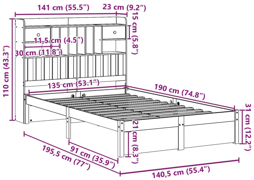 Cama com estante sem colchão 135x190 cm pinho maciço