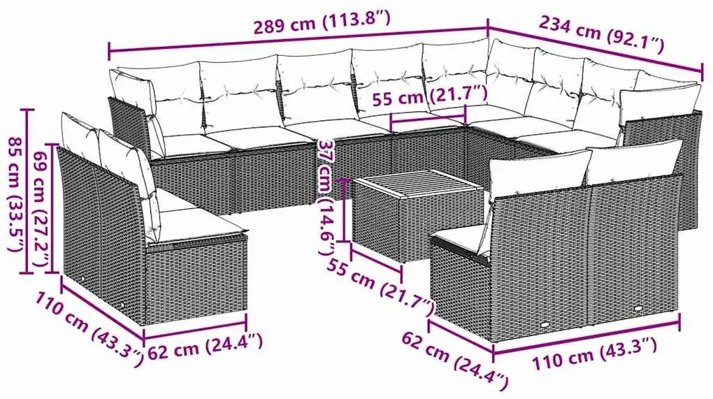 13 pcs conjunto sofás p/ jardim c/ almofadões vime PE cinzento