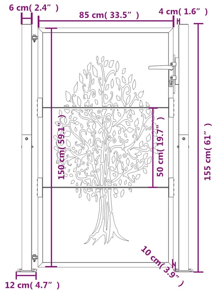 Portão de jardim 105x155 cm aço corten design árvore