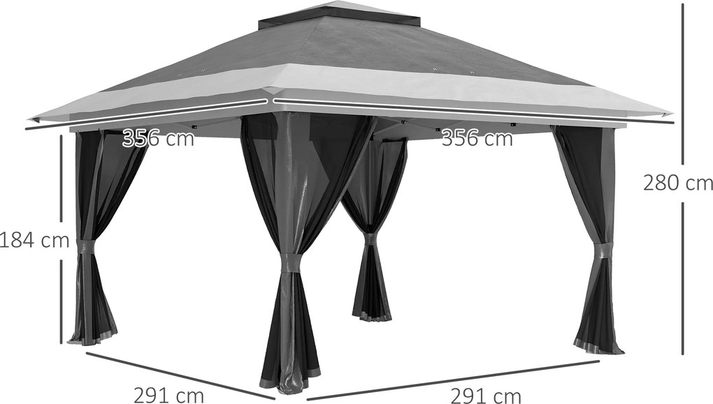 Pérgola Dobrável 356x356x280 cm com 4 Paredes Laterais de Malha Anti-UV Altura Ajustável e Bolsa de Transporte Cinza Escuro