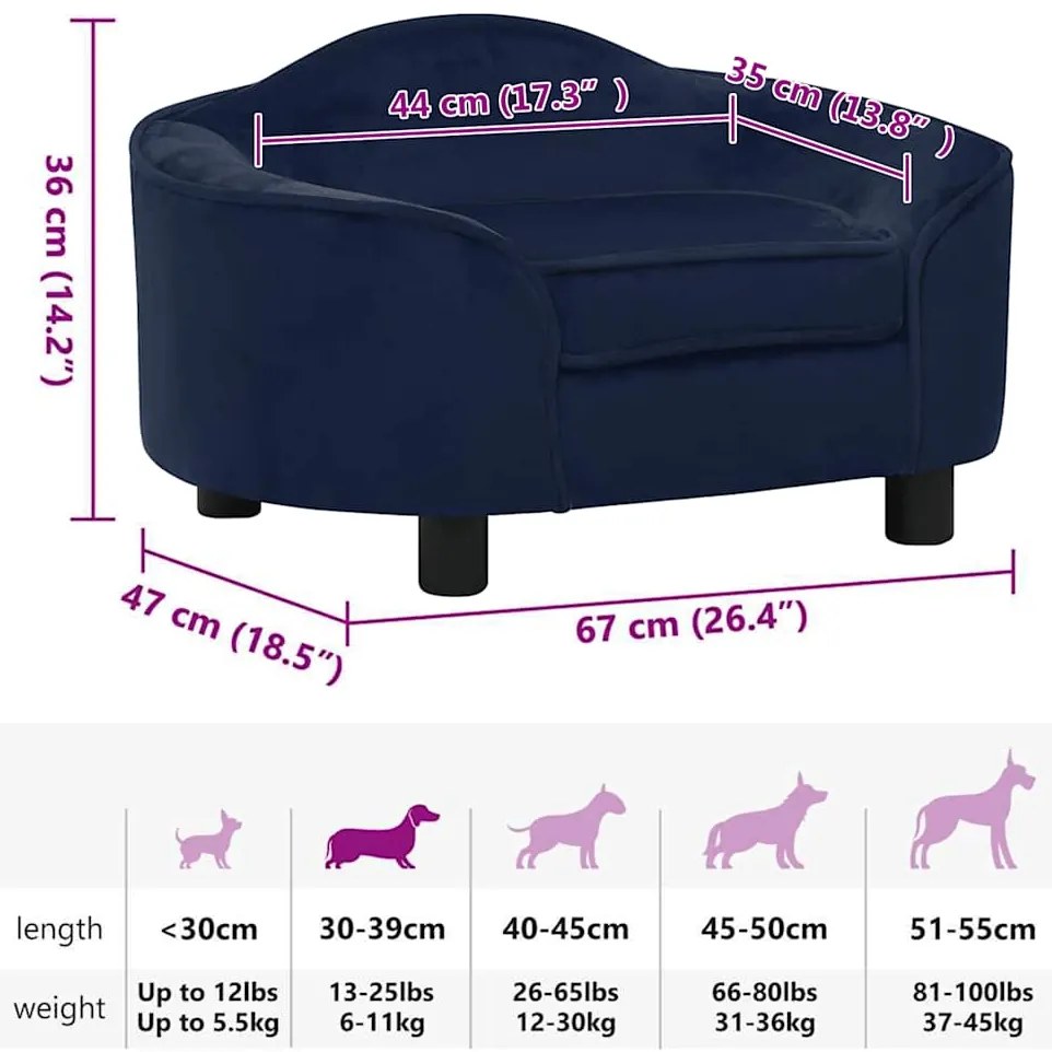 Sofá para cães 67x47x36 cm pelúcia azul