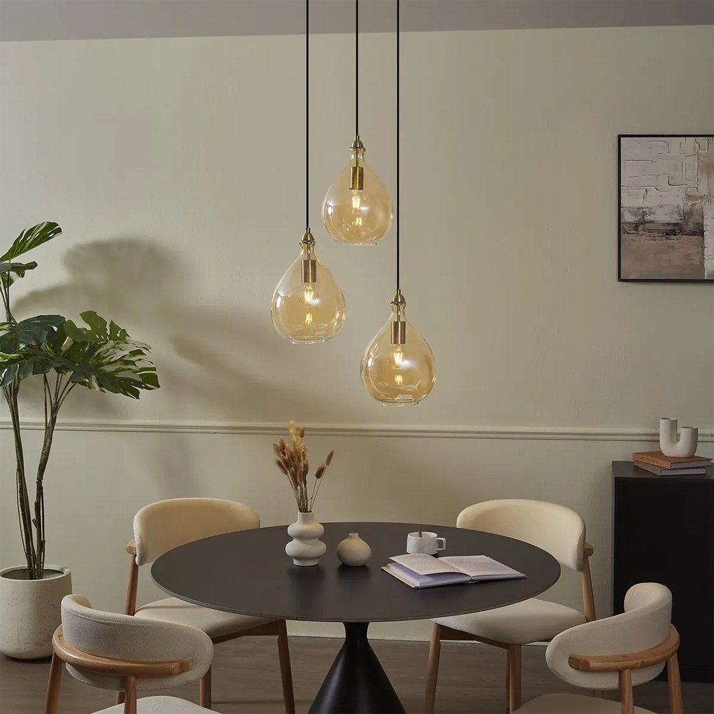 Candeeiro de Teto Inteligente Dourado com Vidro Âmbar 3 Luzes Incl. Wifi A60 - Tradicional