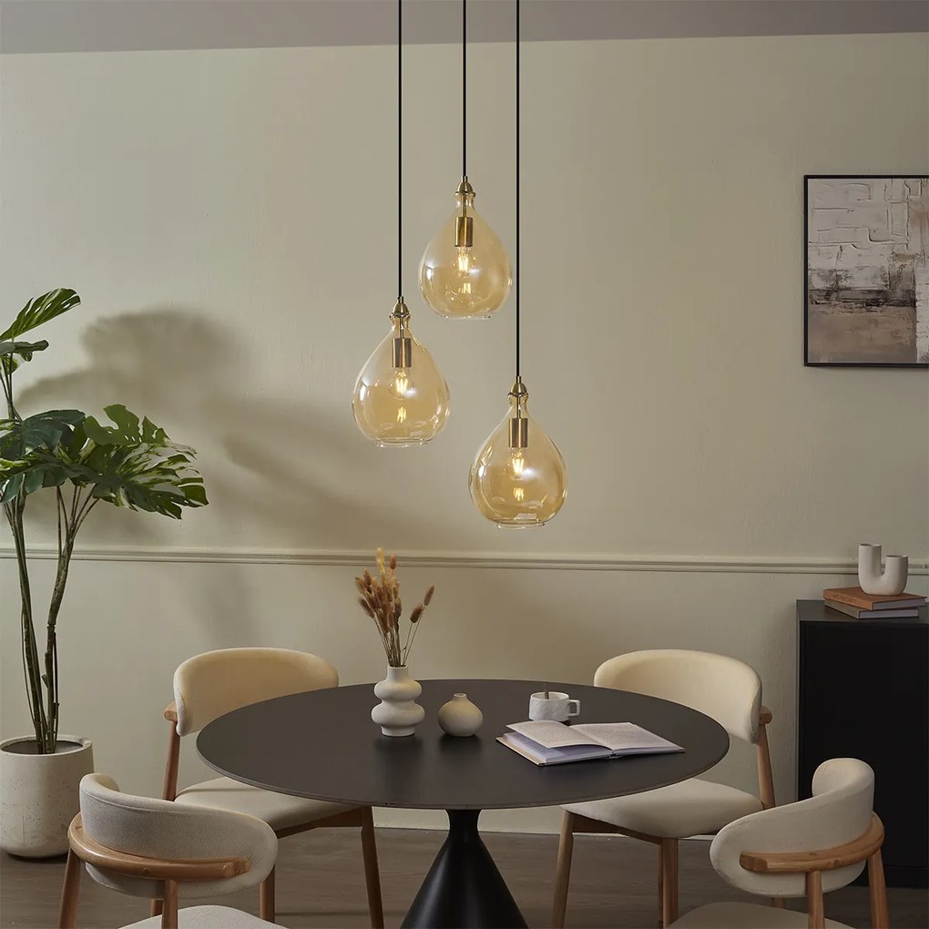 Candeeiro suspenso moderno dourado com vidro âmbar 3-luzes - Traditional