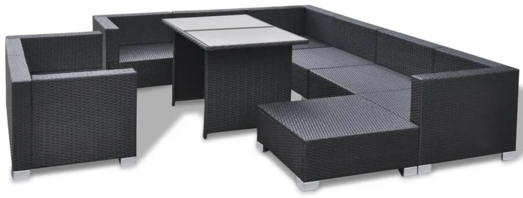 10 pcs conjunto lounge de jardim c/ almofadões vime PE preto