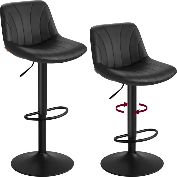 Conjunto 2 bancos bar com encosto e assento giratório 46,5 x 43 x (88-108) cm em couro sintético PU Pretos
