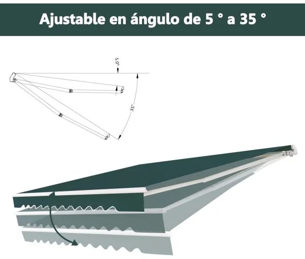 Toldo retrátil 3,6 x 3 m em alumínio com manivela e poliéster impermeável para exterior Verde