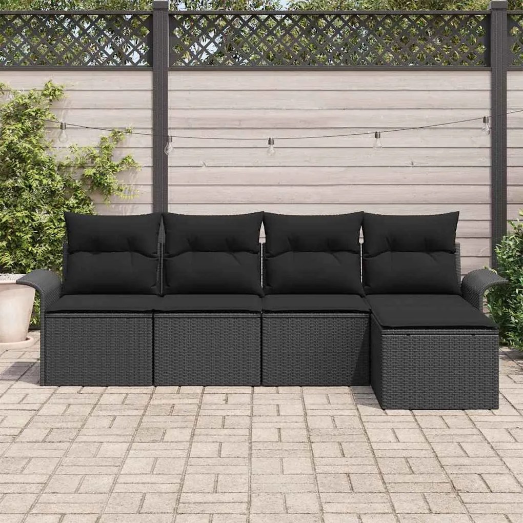 Conjunto de Sofá de Jardim com 5 Peças e Almofadas Pretas em Rattan
