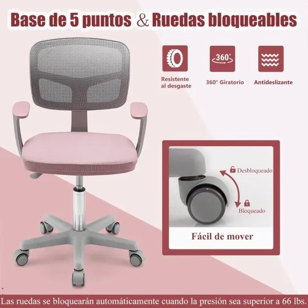 Cadeira de escritório infantil com encosto em malha, almofada removível e rodas 360° com travão para 3-10 anos, altura ajustável, cor rosa