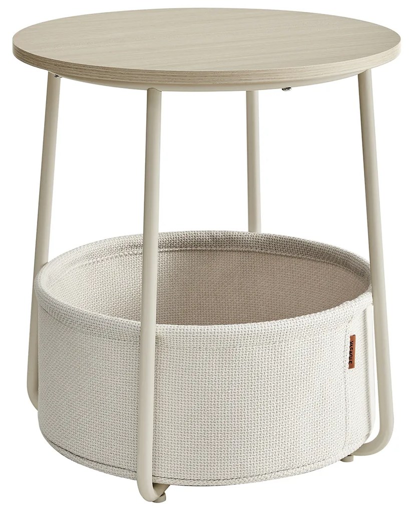 Mesa de centro redonda pequena VASAGLE, mesa lateral com cesto de tecido, armazenamento para sala de estar, quarto, mesa de cabeceira, estilo moderno, branco creme LET223K67