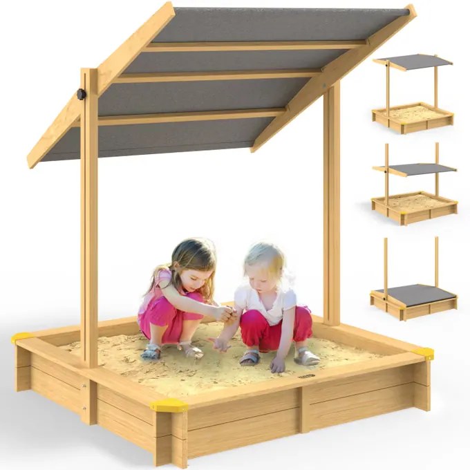 Caixa de areia crianças para jardim 120 x 120 x 120 cm com cobertura inclinável castanha clara