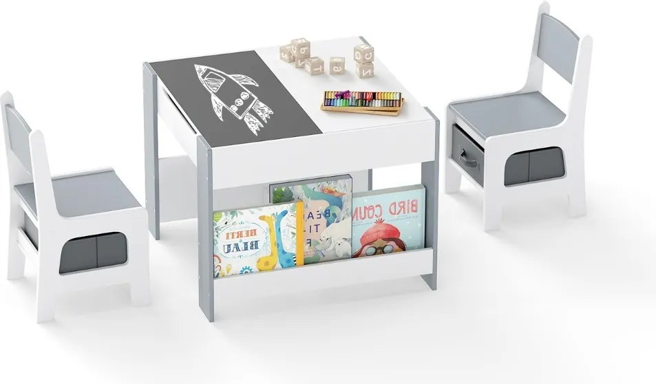 Conjunto de mesa e cadeira para crianças 4 em 1 Mesa de atividades para crianças com painéis dupla face e prateleiras laterais 2 cadeiras Branco + Cin