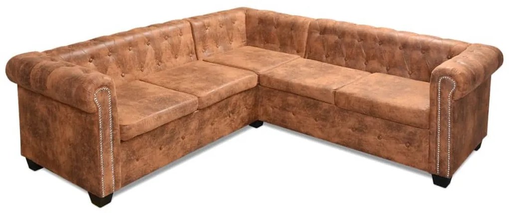 Sofá de canto Chesterfield 5 lugares couro artificial castanho