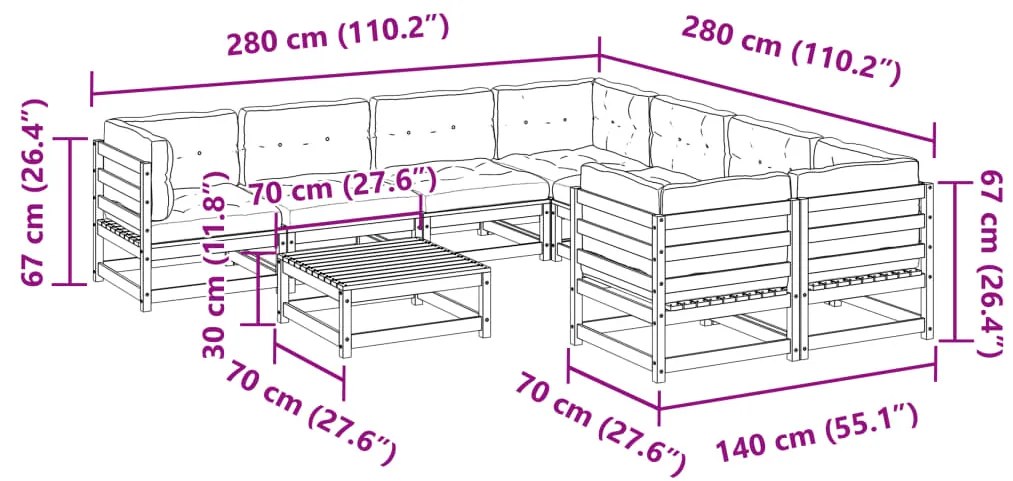 9pcs conj. sofás jardim c/ almofadões pinho maciço castanho mel