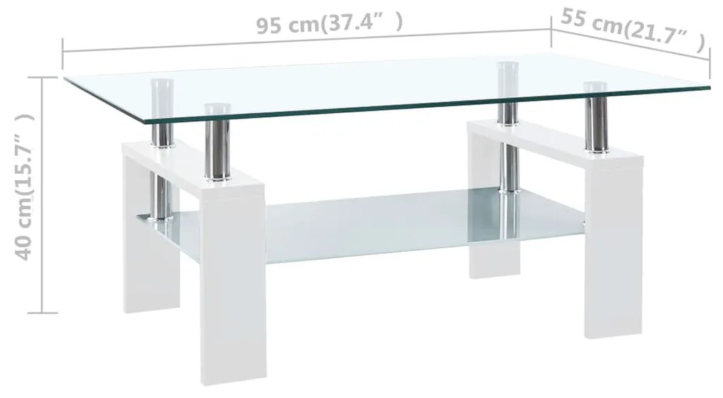 Mesa de centro 95x55x40 cm branco vidro temperado transparente