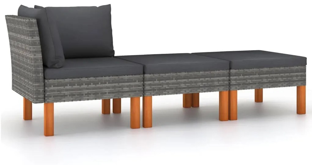 vidaXL 3 pcs conj. lounge jardim vime PE e madeira de eucalipto maciça