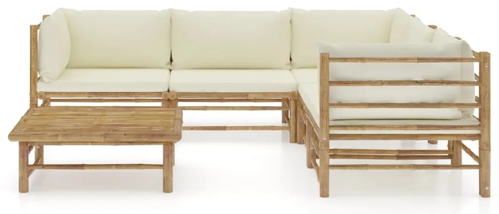 6 pcs conj. lounge p/ jardim em bambu c/ almofadões branco nata