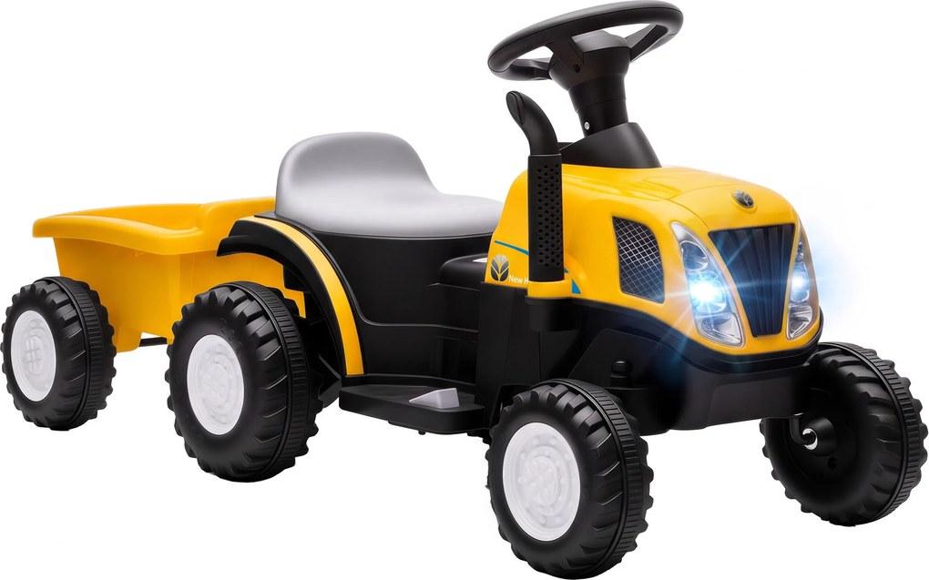 AIYAPLAY Trator Elétrico para Crianças com Reboque Desmontável 6V, Luzes, Música, Buzina e Pedal, 1-3 Anos, 2,5 km/h, Amarelo | Aosom Portugal