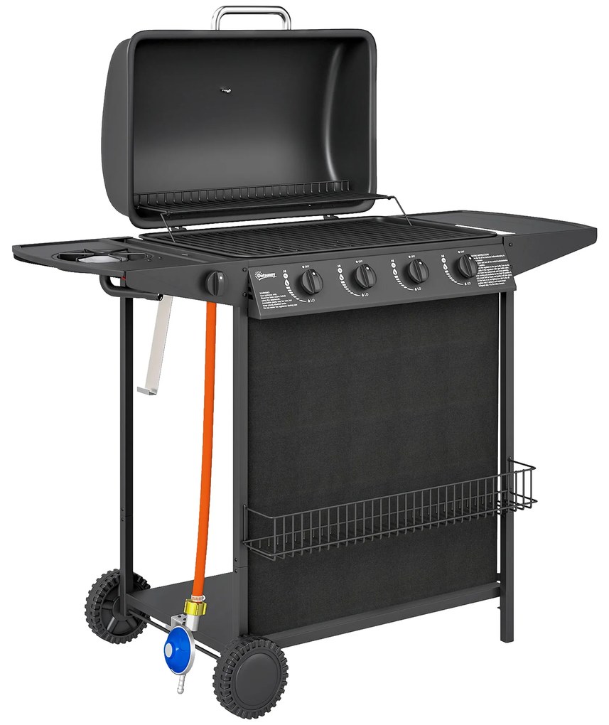 Outsunny Barbecue a Gás com 4+1 Queimadores 12 kW Termómetro Mesa Lateral Grelha Recolhedor de Gordura 2 Rodas  121x54x97 cm Preto