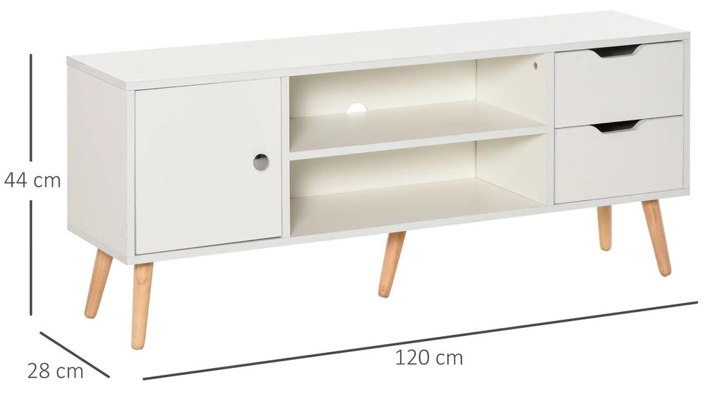 Armário de TV Grande armazenamento com armário prateleiras e gavetas abertas Carga 30 kg 120x28x44 cm Branco