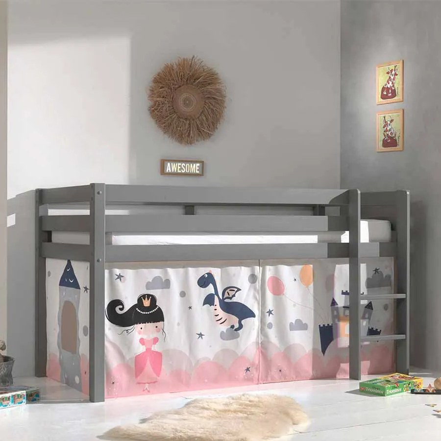 Cama alta de Criança PINO 90 x 200 cm + estrado + escada + cortina Princesa Cinzenta