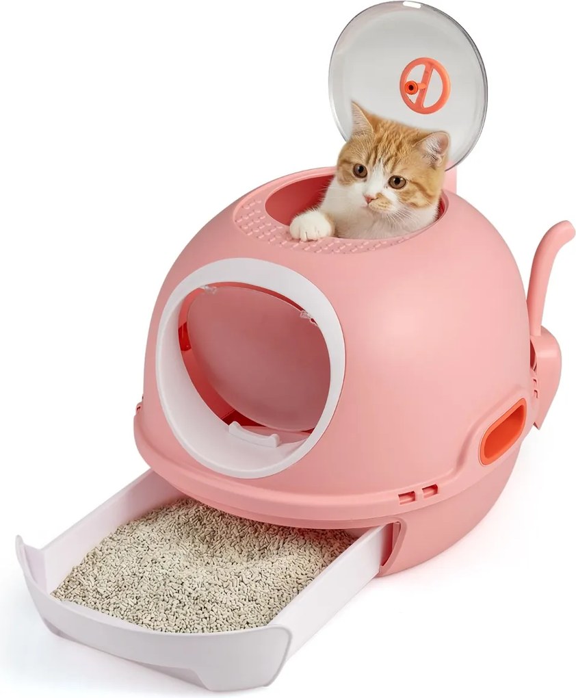 Caixa de areia fechada para gatos com entrada frontal e superior, inclui pá e bandeja para gatos até 10 kg, cor rosa