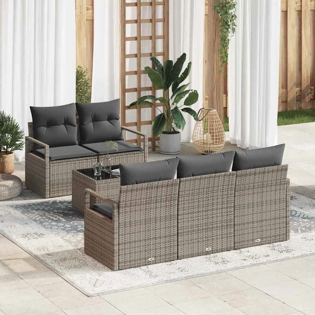 vidaXL Conjunto de Sofás de Jardim com 6 Peças e Almofadas Cinza, Rattan Sintético