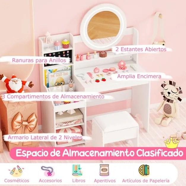 Toucador infantil com espelho e luzes para princesas, com estantes e ranhuras para anéis e banquinho branco