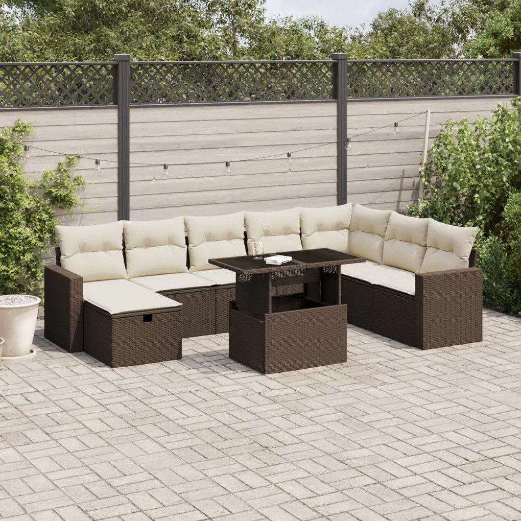 9 pcs conjunto sofás p/ jardim c/ almofadões vime PE castanho