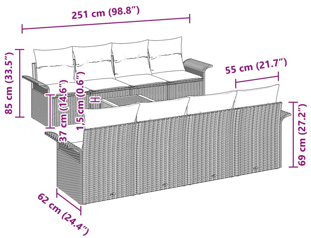 Conjunto de Sofá de Jardim de 9 Peças com Almofadas Rattan Poly Cinza