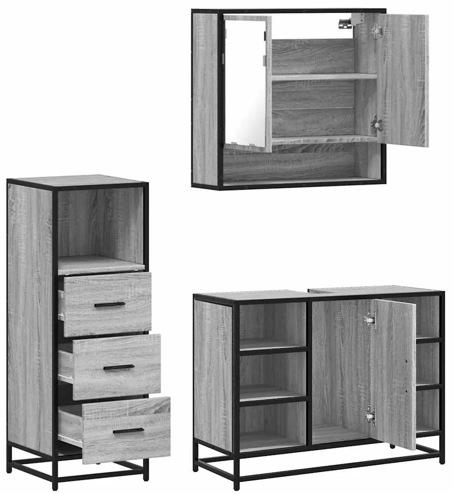 3 pcs Conjunto móveis casa de banho madeira proc. cinza sonoma